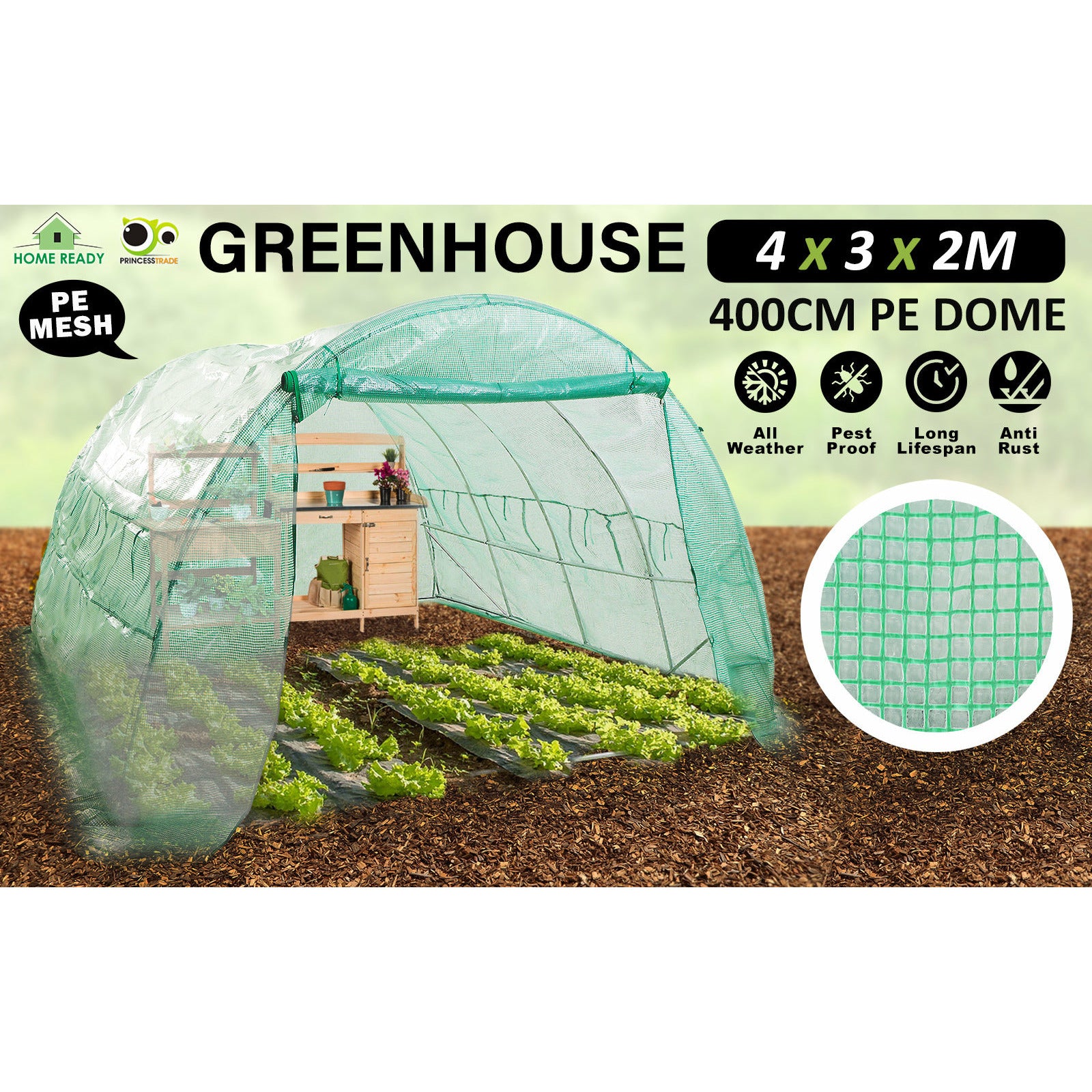 Home Ready Dome Hoop Tunnel Polytunnel 4x3x2M Garden Greenhouse Walk-In Shed PE