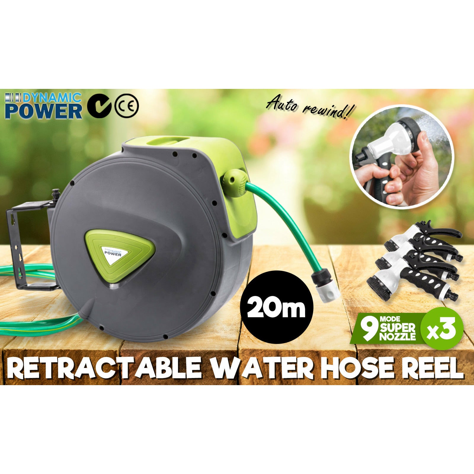 Dynamic Power Garden Water Hose 20M Retractable Rewind Reel Wall Mounted
