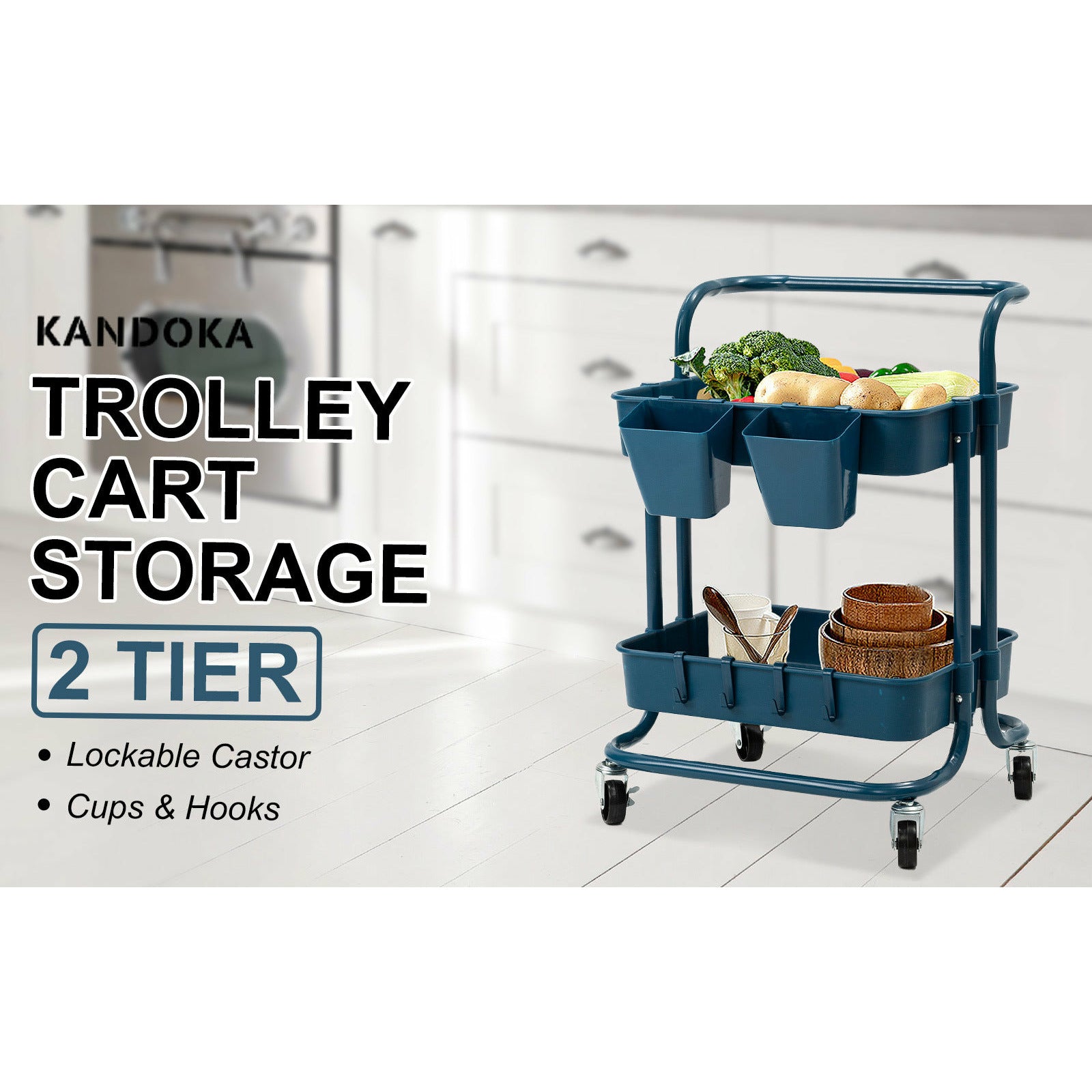 Kandoka 2 Tier Blue Trolley Cart Storage Utility Rack Organiser Swivel Kitchen