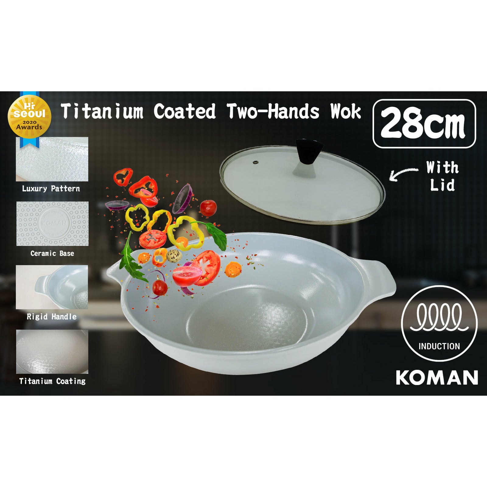 KOMAN 28cm Grey Shinewon Vinch IH Two Hands Wok Non-stick Induction Titanium Ceramic + Glass Lid