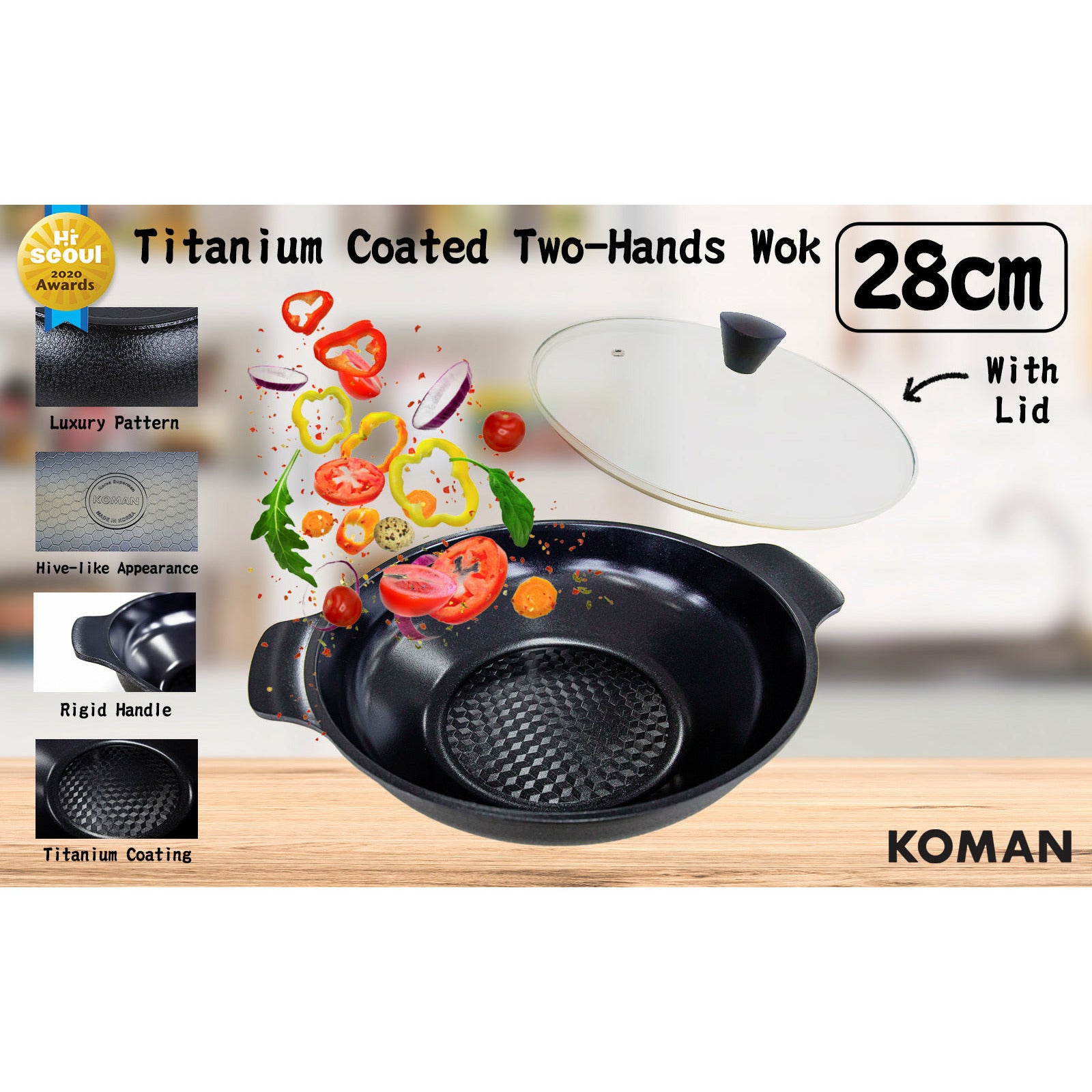 KOMAN 28cm Black Shinewon Two Hands Wok Ceramic Non-stick Titanium Coat + Glass Lid