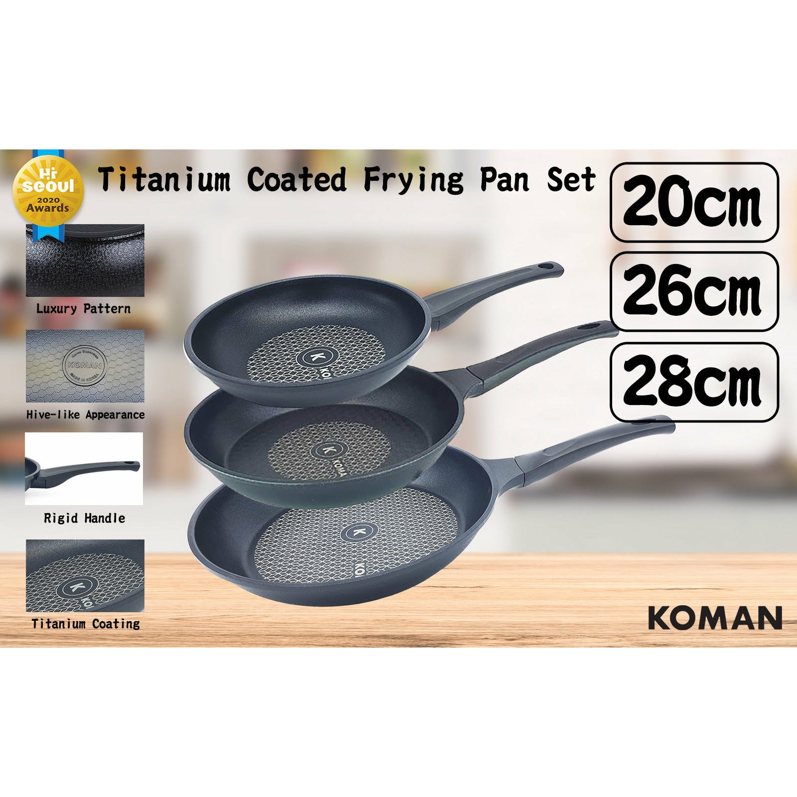KOMAN 20 26 28cm Set Titanium Coating Frying Pan Non-Stick