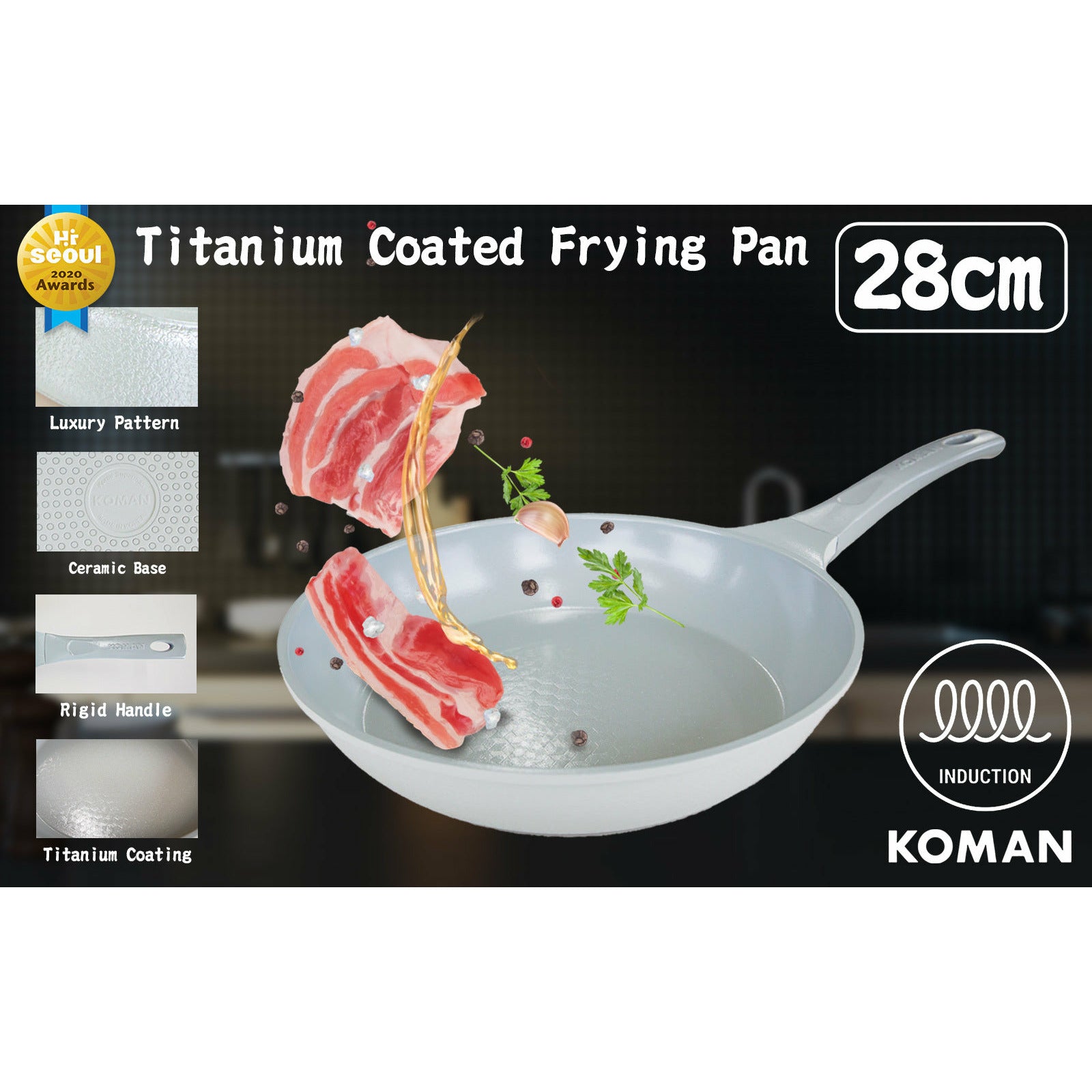 KOMAN 28cm Grey Shinewon Vinch IH Frypan Frying Pan Non-stick Induction Ceramic