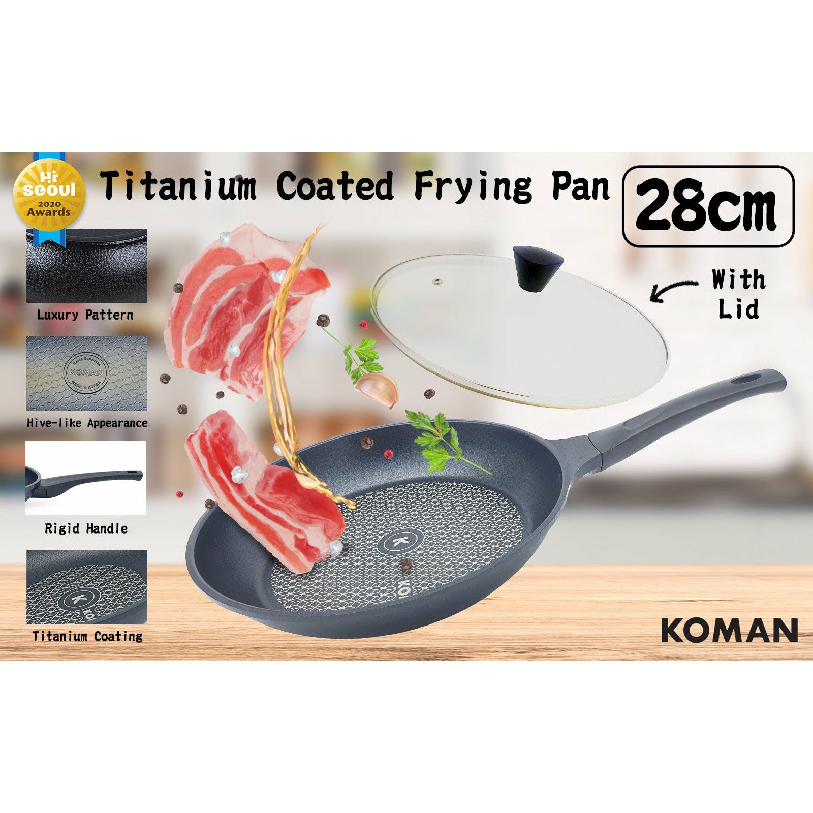 KOMAN Non-Stick Titanium Coating Frying Pan 28cm + Glass Lid