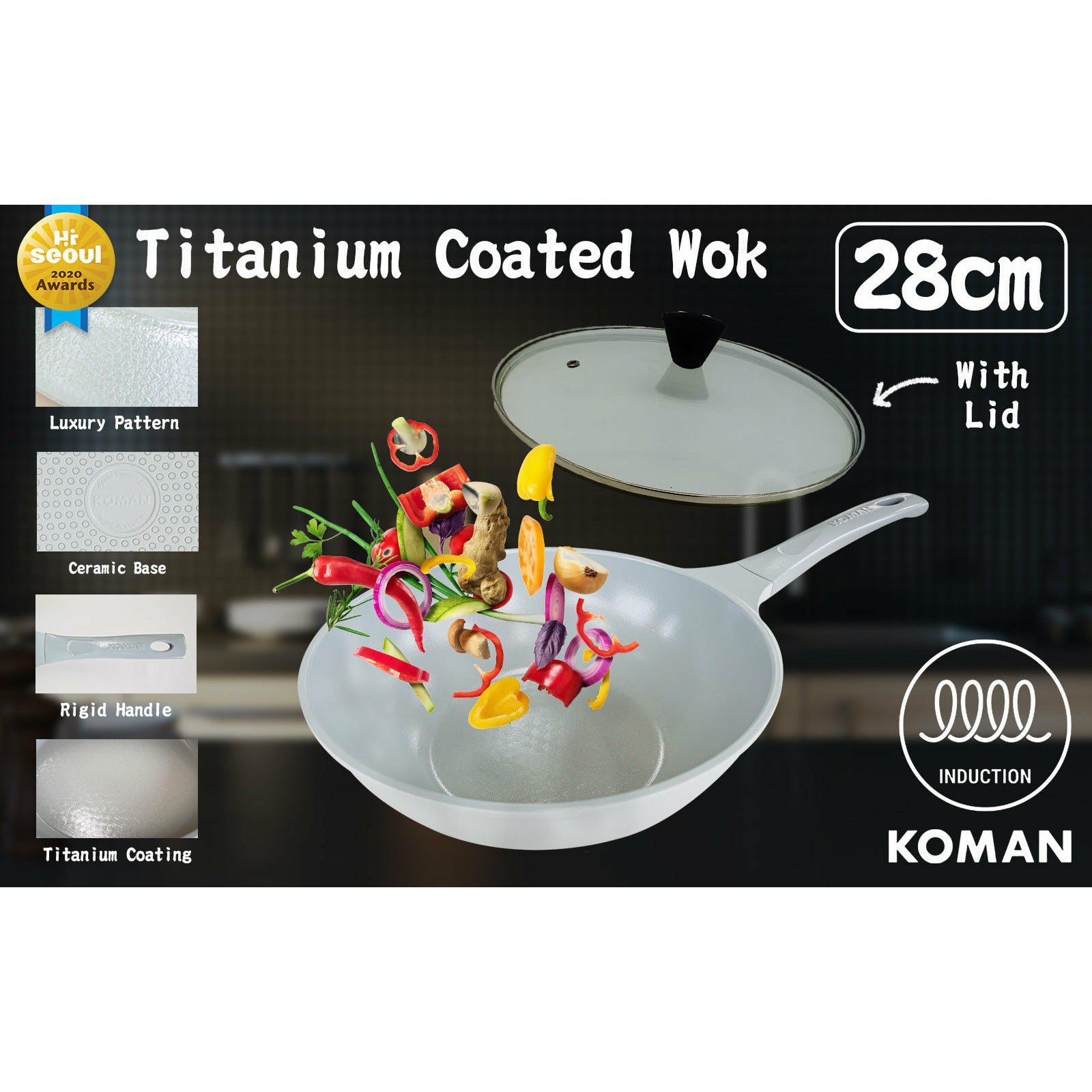 KOMAN 28cm Grey Shinewon Vinch IH Wok Wokpan Non-stick Induction Ceramic + Glass Lid