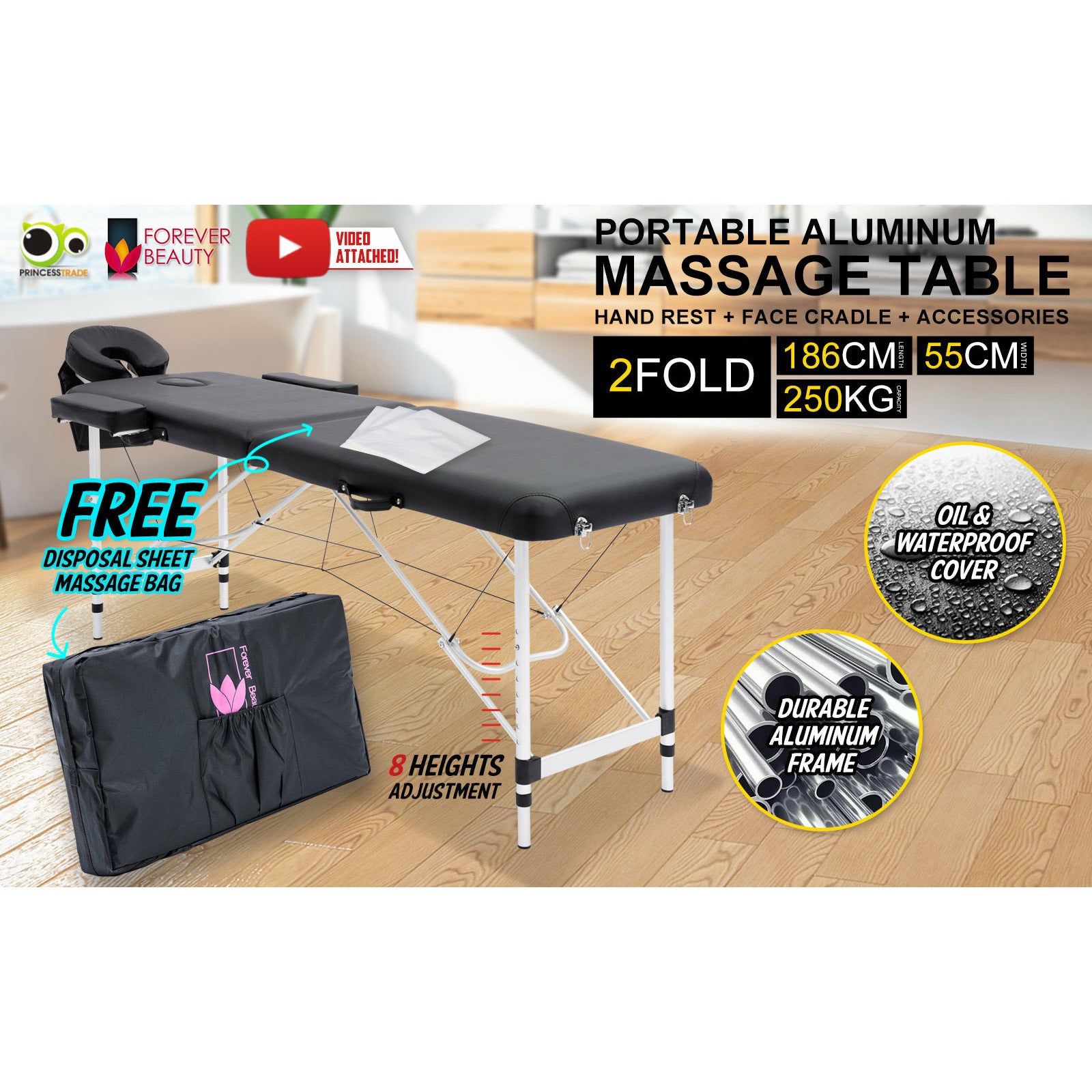 Forever Beauty Black Portable Beauty Massage Table Bed Therapy Waxing 2 Fold 55cm Aluminium