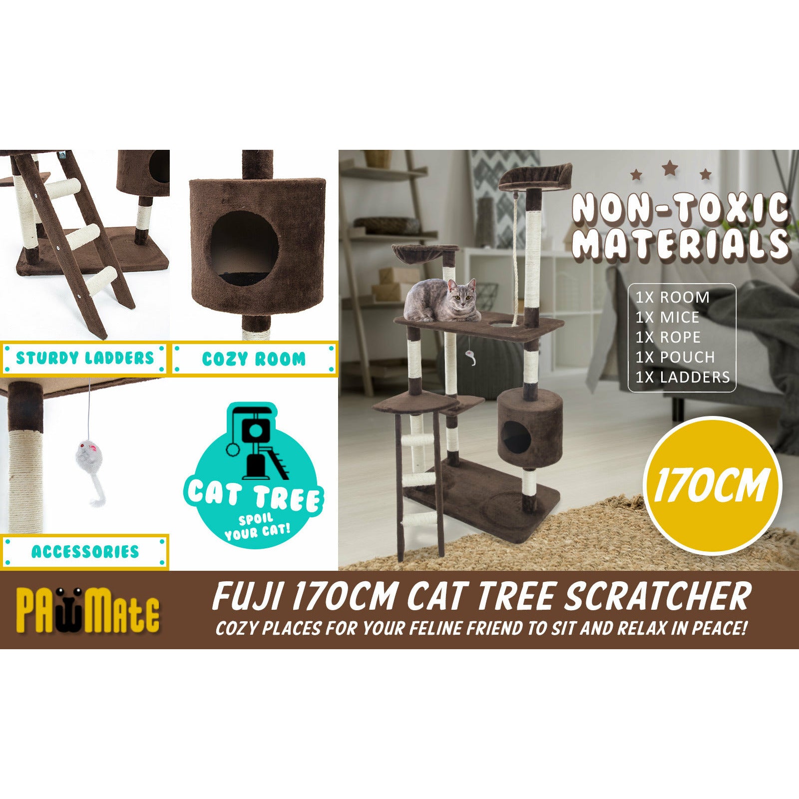 Paw Mate 170cm Brown Cat Tree Fuji Multi Level Scratcher