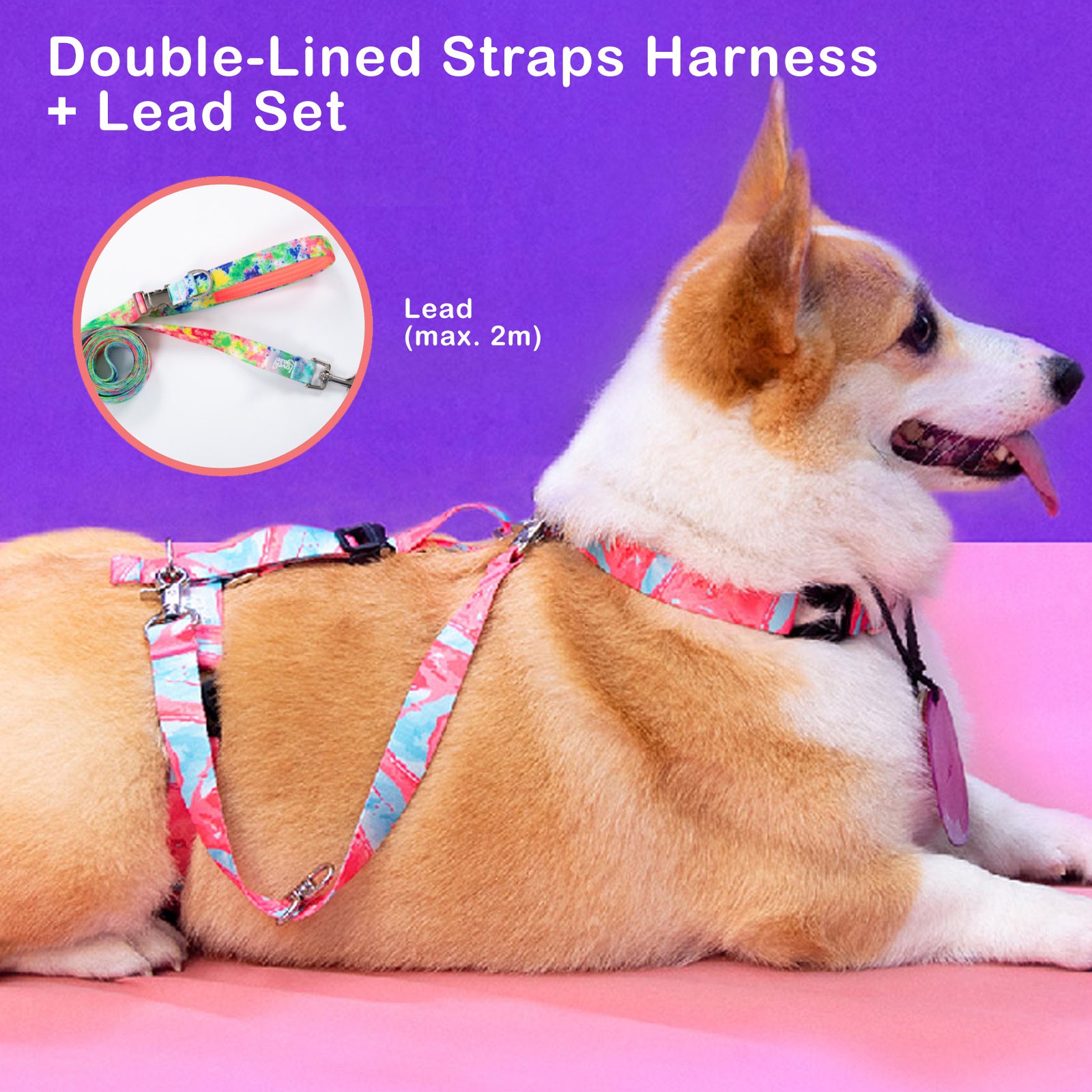 Banhamsisun L Dog Double-Lined Straps Harness and Lead Set Leash Adjustable No Pull
