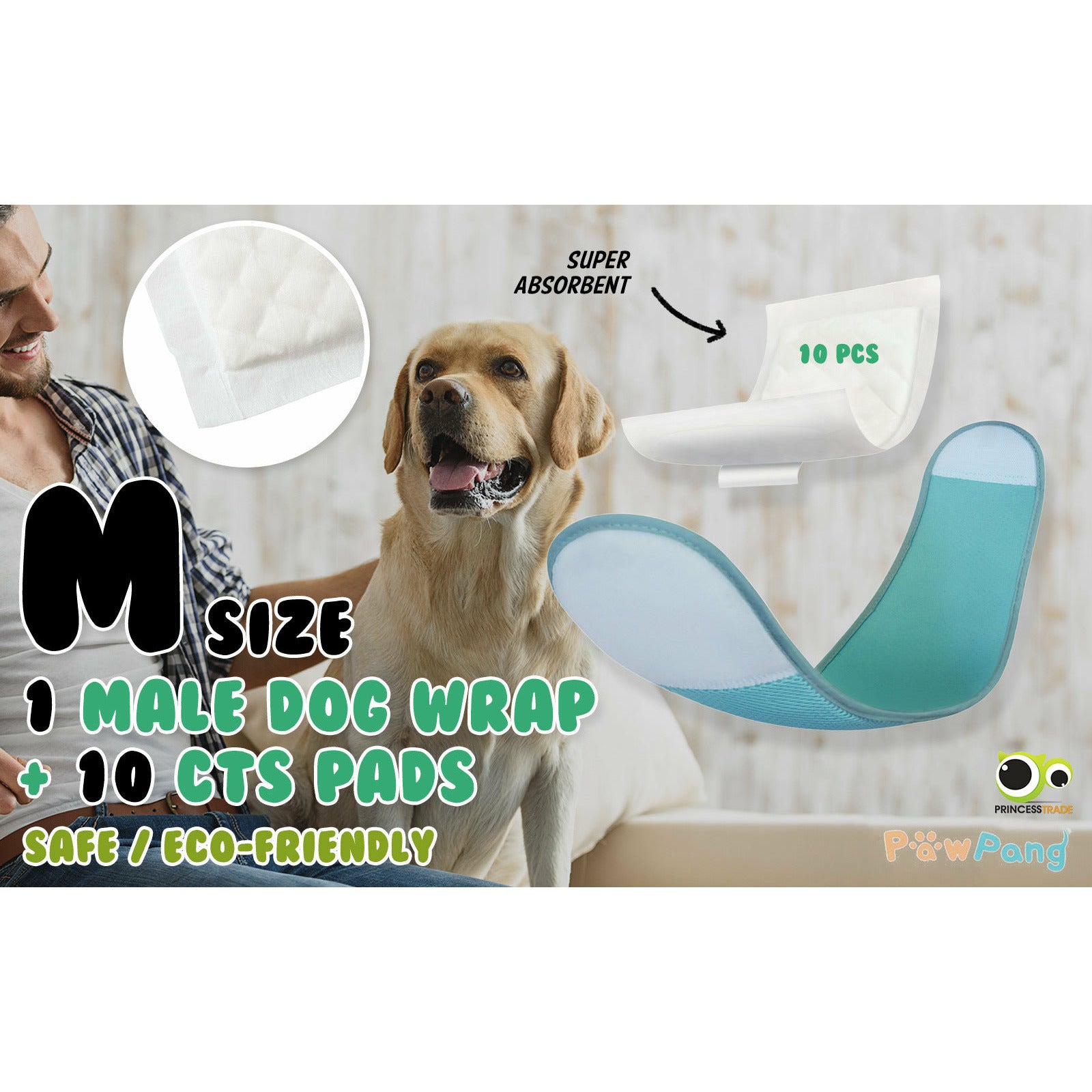 PawPang M Dog Wrap Reusable Male + 10 Ct M Diaper Booster Pads Disposable