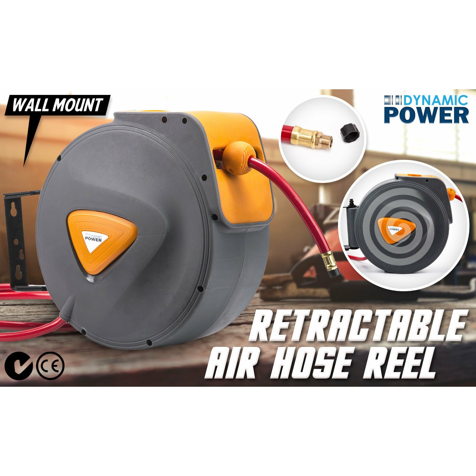 Dynamic Power Air Hose Retractable Reel Auto Rewind Heavy Duty Wall Mounted 30m