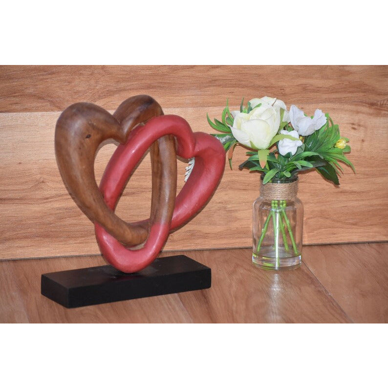 Heart Love Wood Carving Wood Sculpture Acacia Wooden Statue Heart in red 22cm