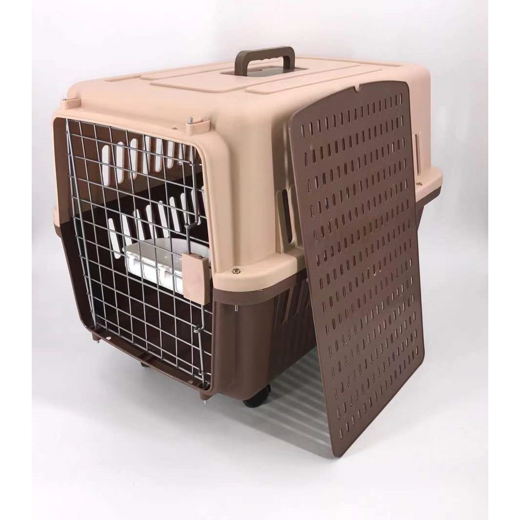 Brown Large Dog Puppy Cat Crate Pet Carrier Cage With Tray, Bowl & Wheel