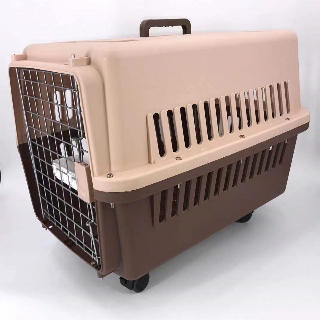 Brown Large Dog Puppy Cat Crate Pet Carrier Cage With Tray, Bowl & Wheel