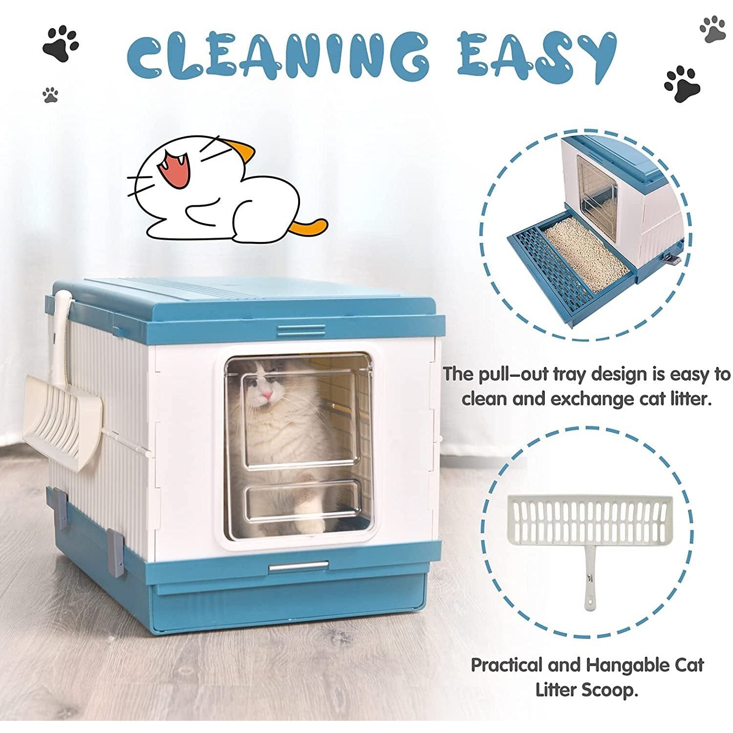 XL Portable Cat Toilet Litter Box Tray Foldable House with Handle and Scoop Blue