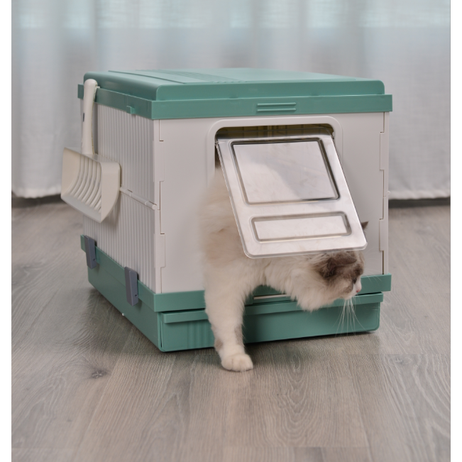 XL Portable Cat Toilet Litter Box Tray Foldable House with Handle and Scoop Green