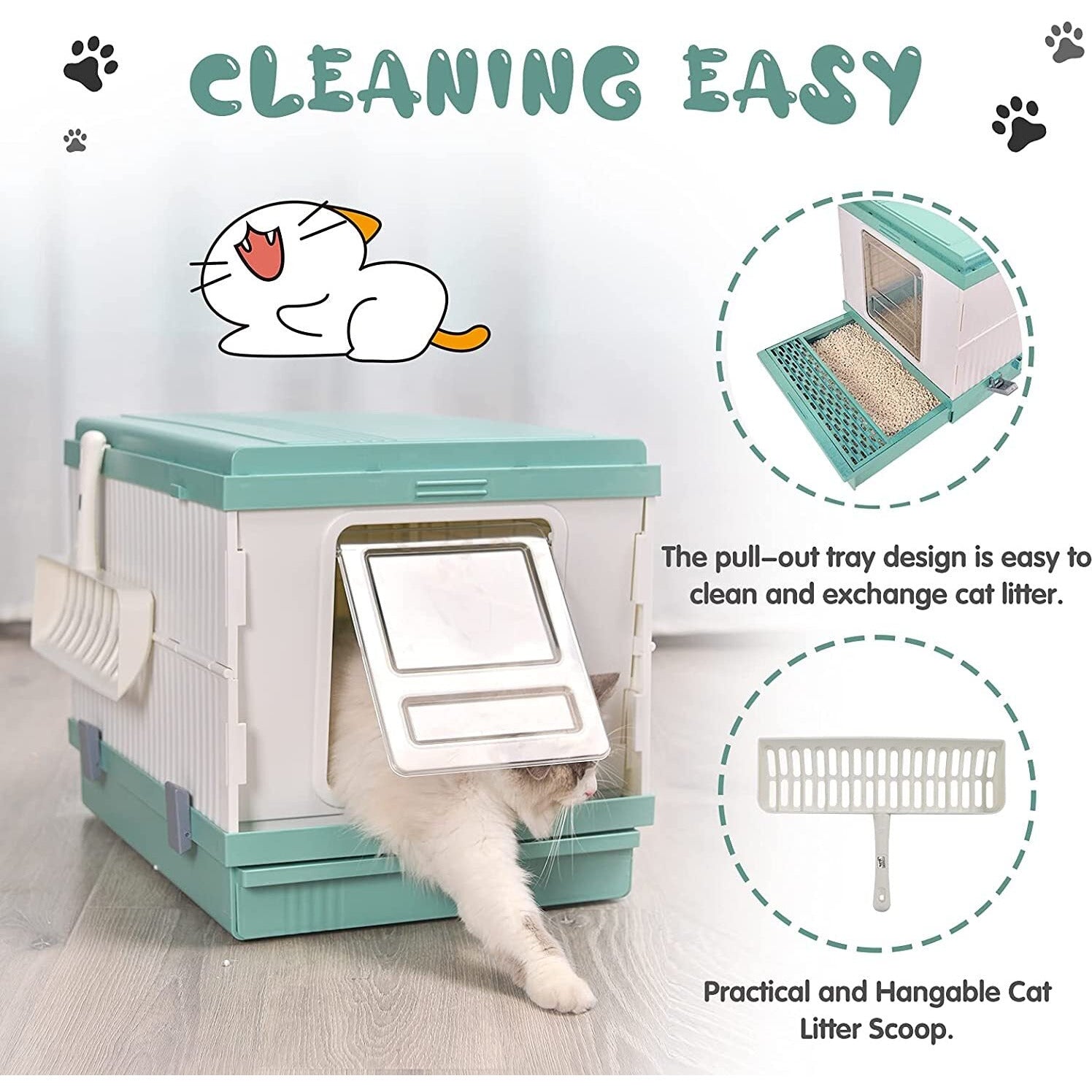 XL Portable Cat Toilet Litter Box Tray Foldable House with Handle and Scoop Green