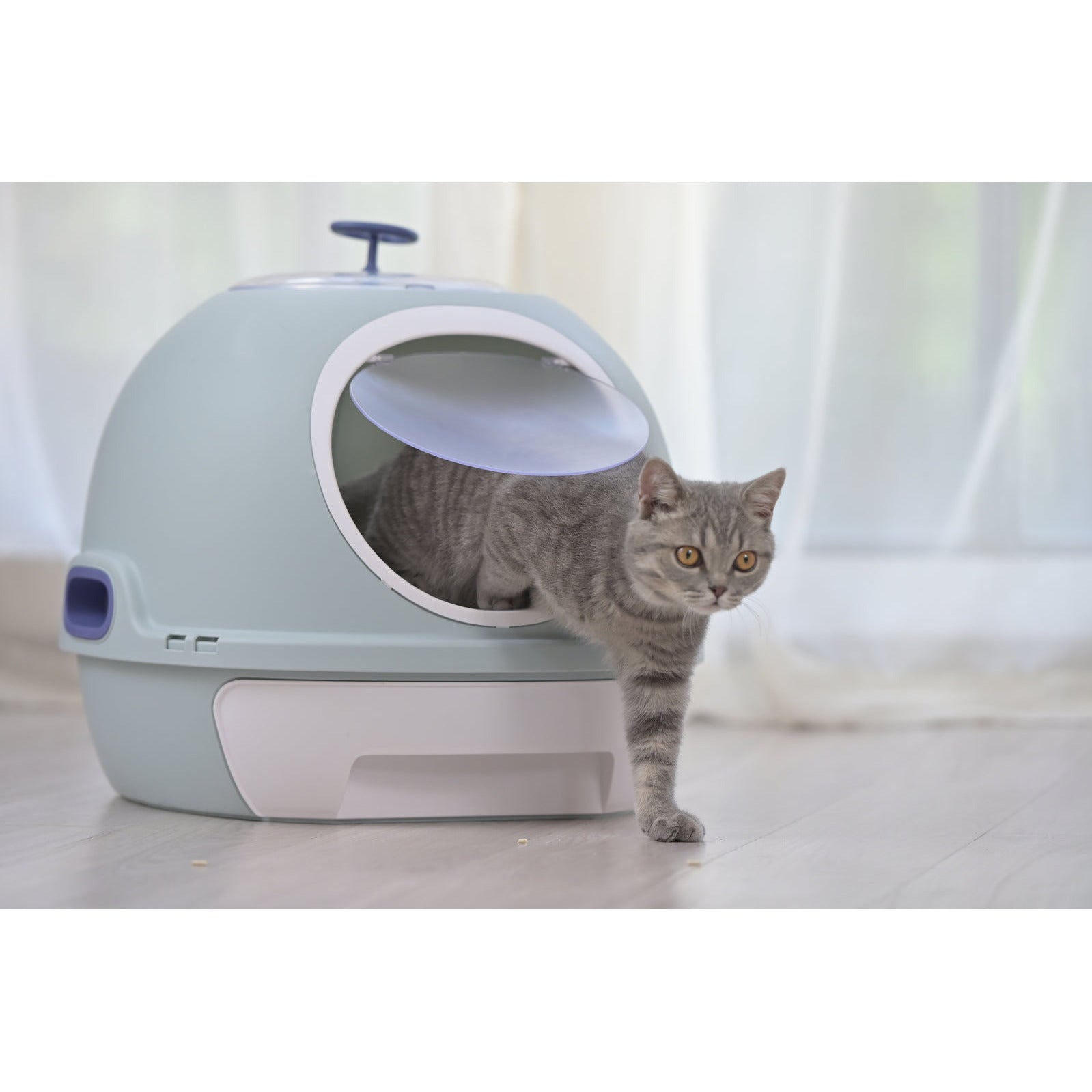 Cat Toilet Litter Box Tray House W Sky window Drawer Photocatalyst Purifier Blue