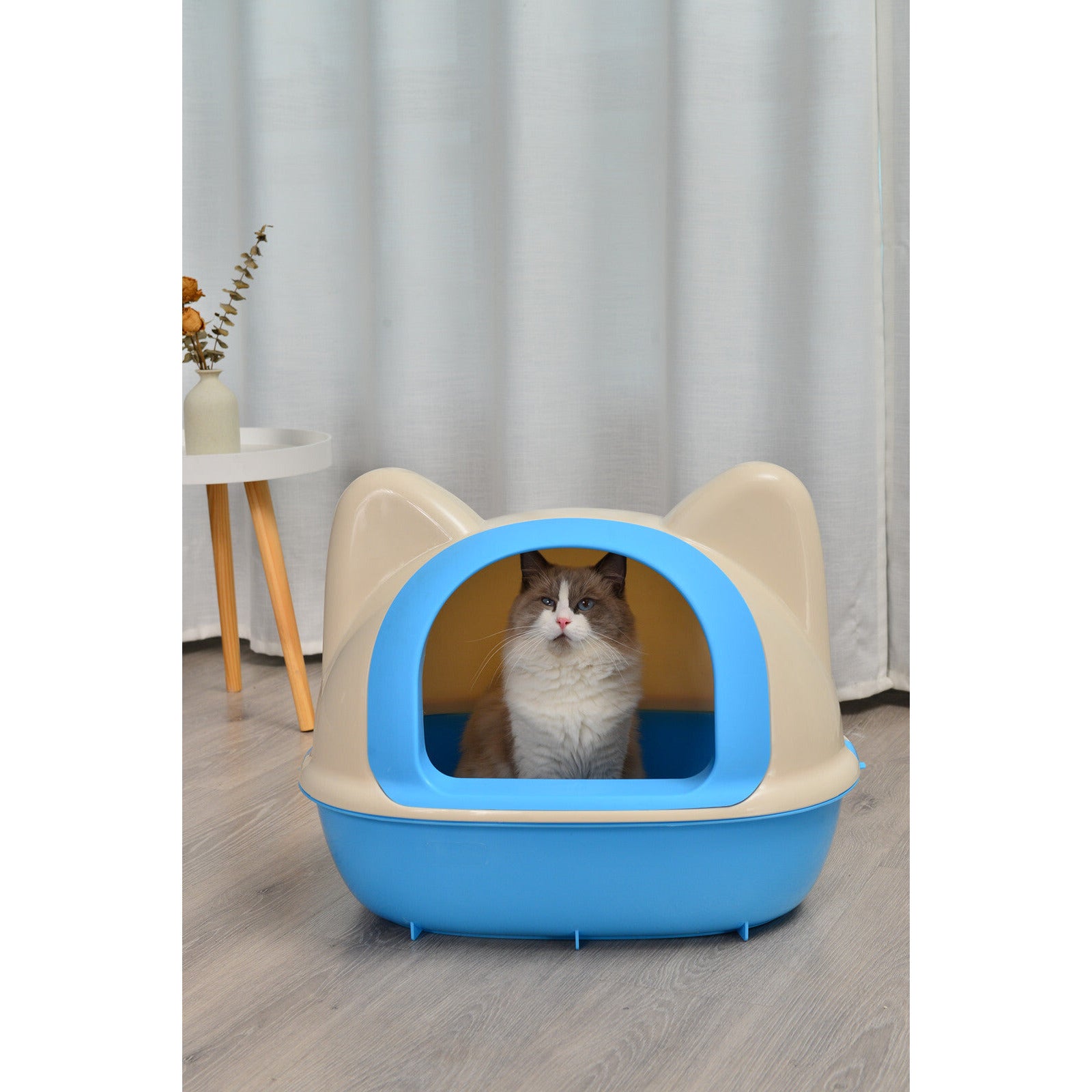 Large Hooded Cat Toilet Litter Box Tray House With Scoop Blue