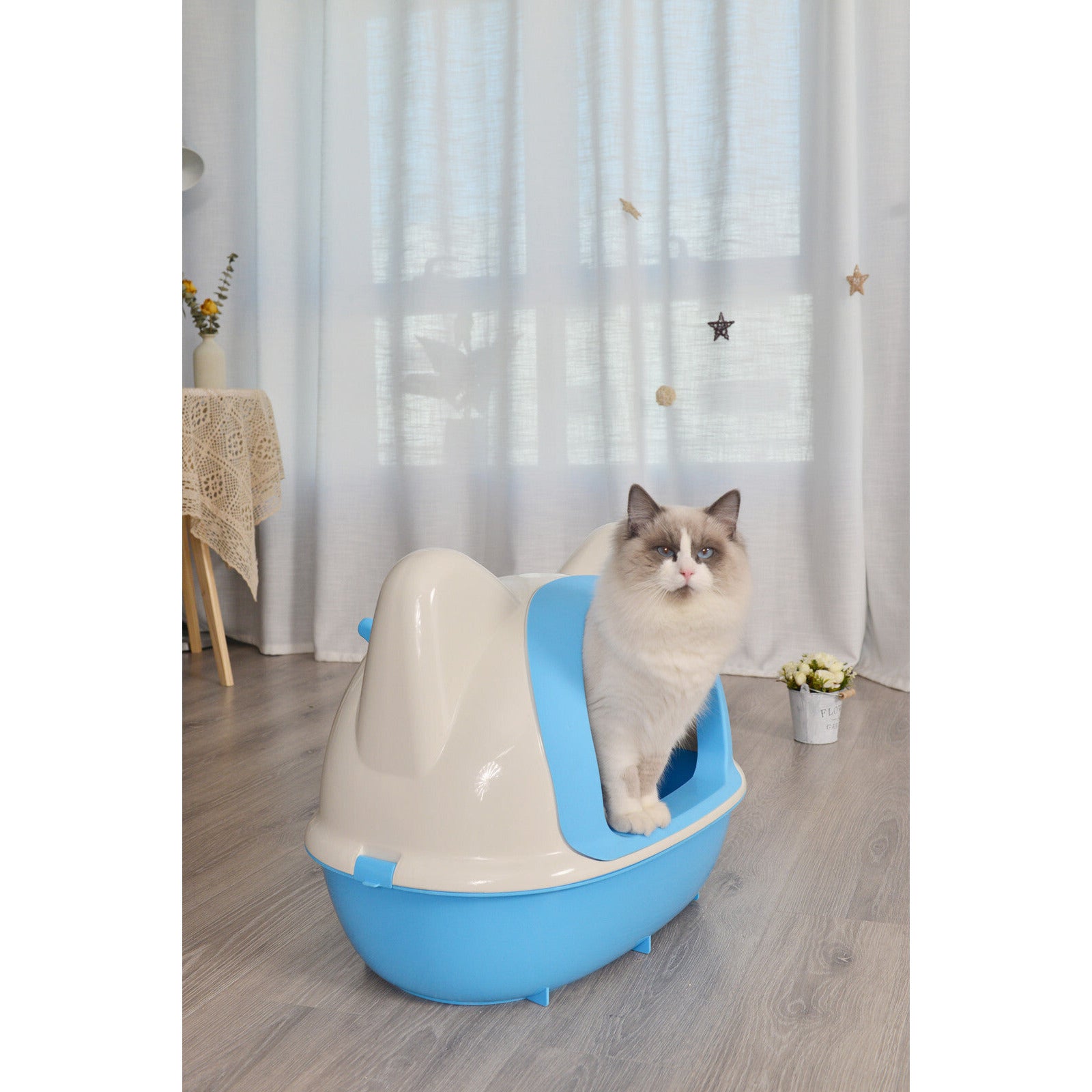 Large Hooded Cat Toilet Litter Box Tray House With Scoop Blue