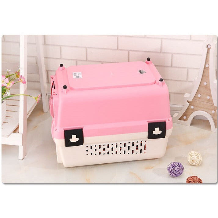 Medium Portable Plastic Dog Cat Pet Pets Carrier Travel Cage With Tray-Pink
