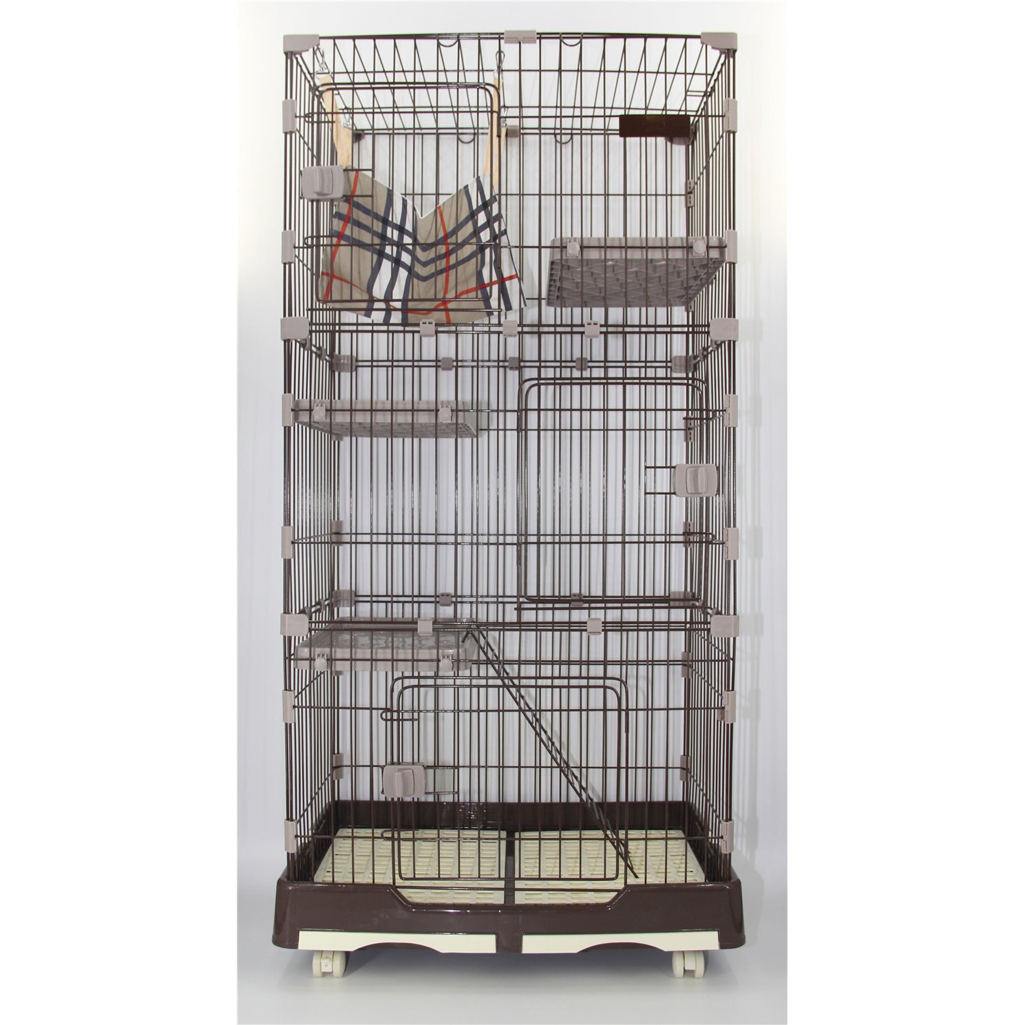 146 cm Brown Pet 4 Level Cat Cage House With Litter Tray & Wheel 72x47x146 cm