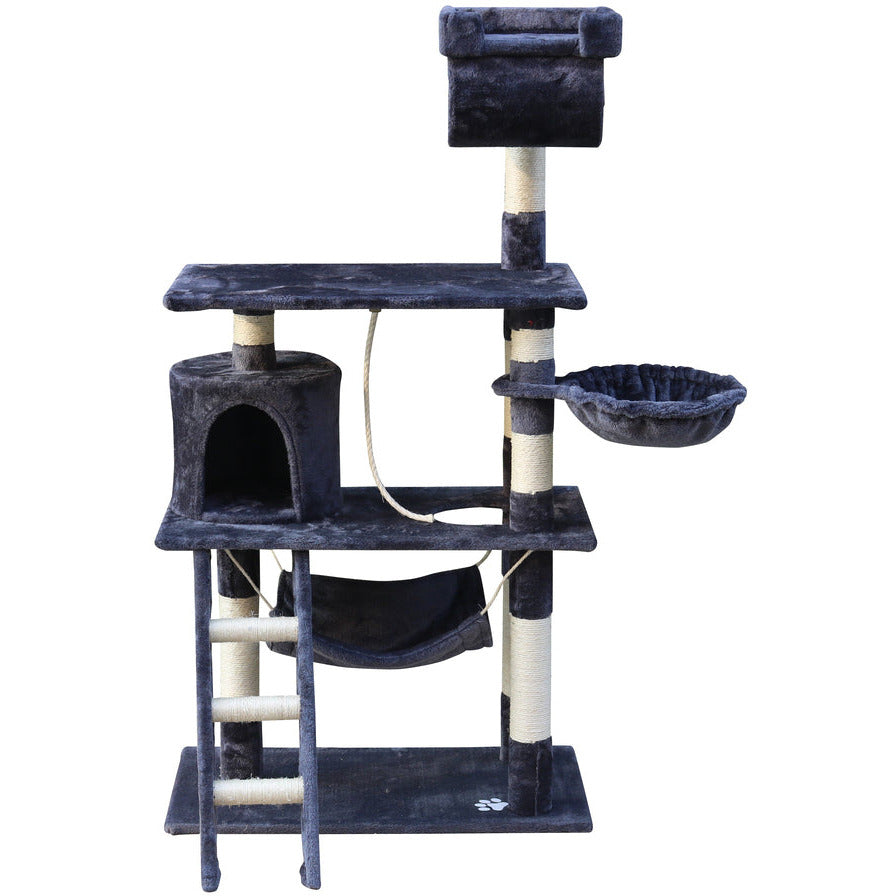 140 cm Cat Kitten Scratching Post Tree W ladder & Hammock-Grey