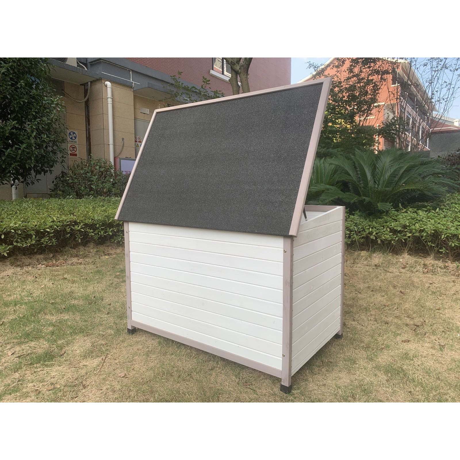 L Timber Pet Dog Kennel House Puppy Wooden Timber Cabin With Stripe White