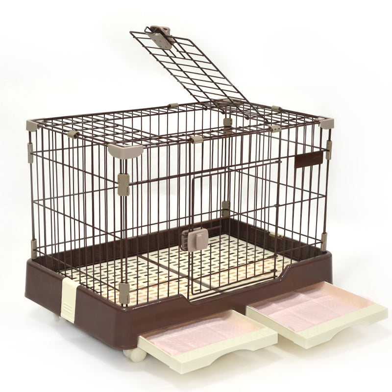 Large Brown Pet Dog Cage Cat Rabbit Crate Kennel With Potty Pad And Wheel
