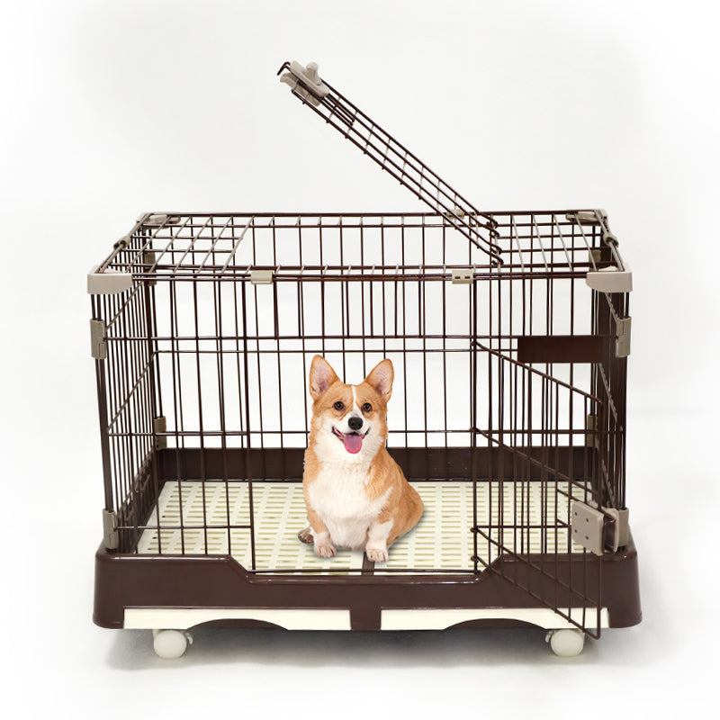 Large Brown Pet Dog Cage Cat Rabbit Crate Kennel With Potty Pad And Wheel