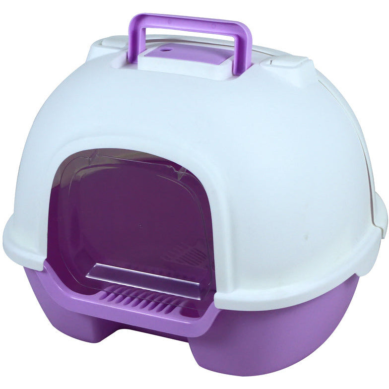 Portable Hooded Cat Toilet Litter Box Tray House with Handle, Scoop and Charcoal Filter Purple