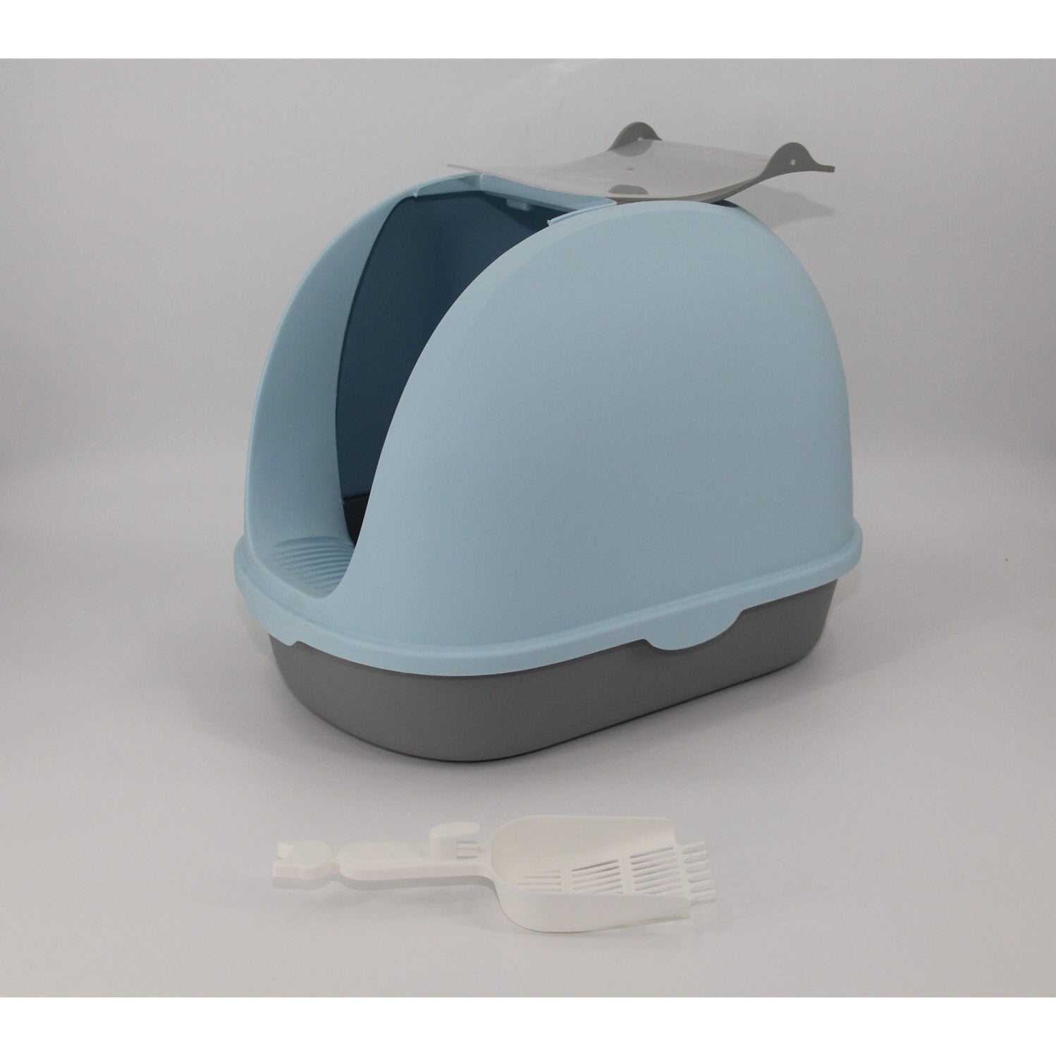 Portable Hooded Cat Toilet Litter Box Tray House with Handle and Scoop Blue