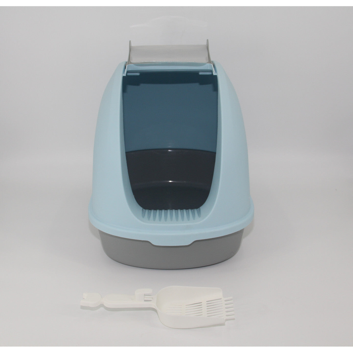 Portable Hooded Cat Toilet Litter Box Tray House with Handle and Scoop Blue