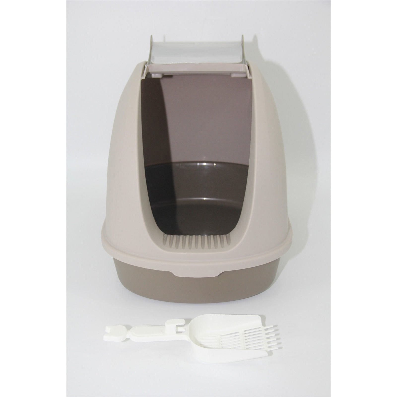 Cat Toilet Litter Box Portable Hooded Tray House with Scoop and Handle Brown