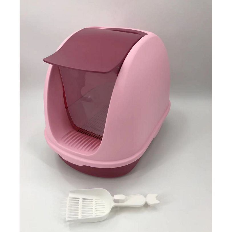 Portable Hooded Cat Toilet Litter Box Tray House With Scoop and Grid Tray Pink