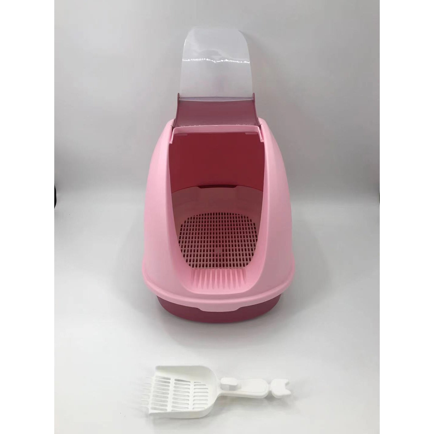 Portable Hooded Cat Toilet Litter Box Tray House With Scoop and Grid Tray Pink