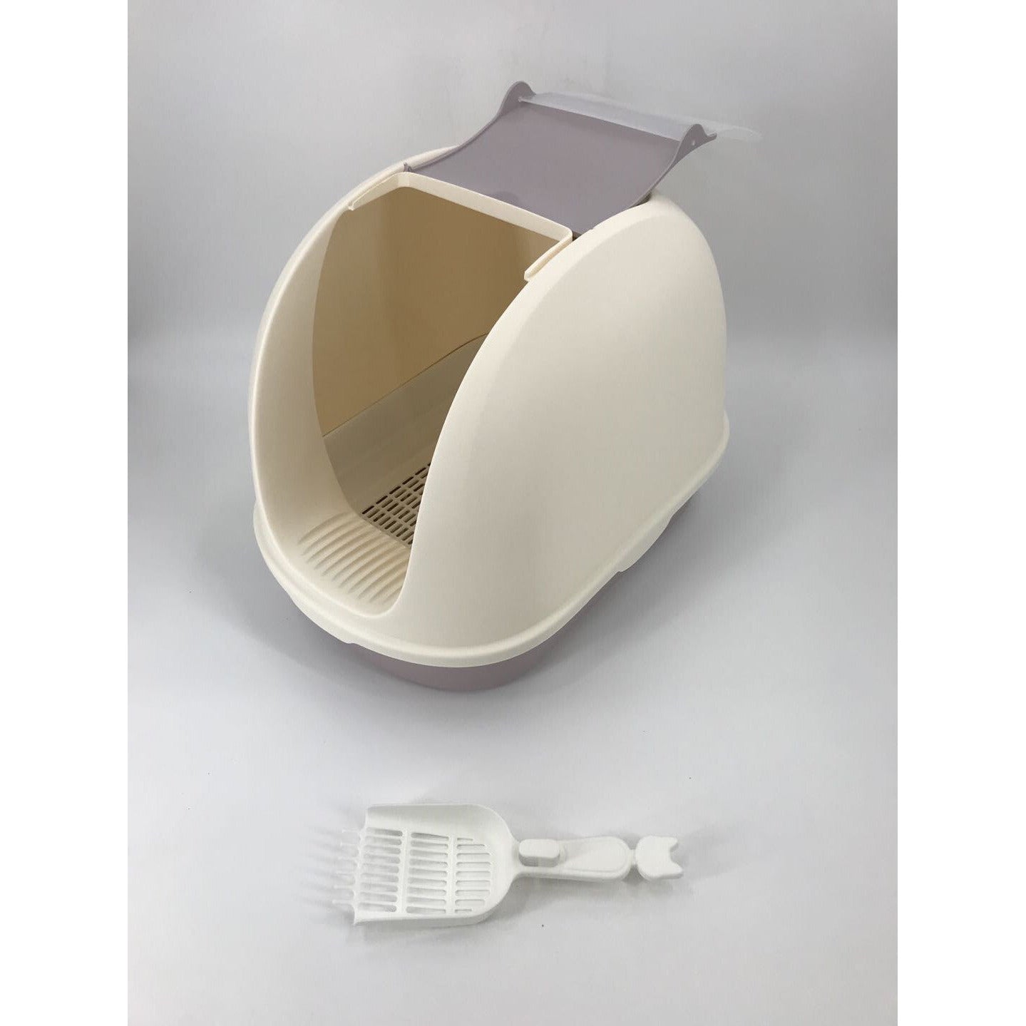 Portable Hooded Cat Toilet Litter Box Tray House with Scoop and Grid Tray White