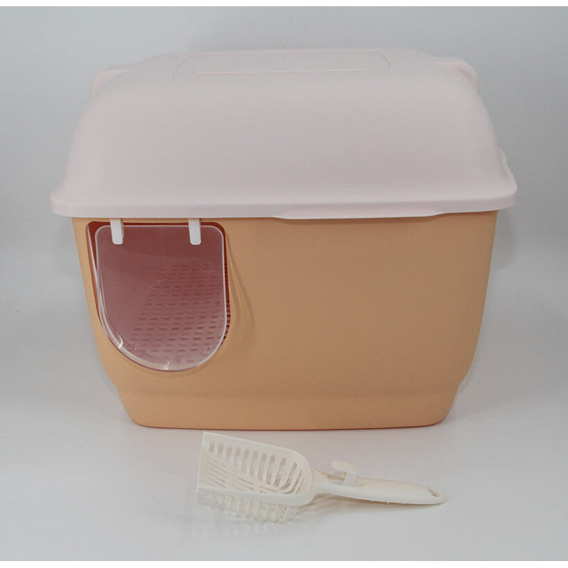 XL Portable Hooded Cat Toilet Litter Box Tray House with Handle and Scoop Brown