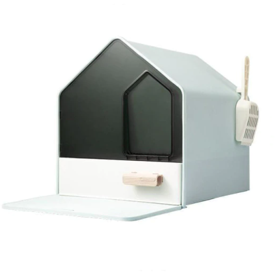 L Portable Hooded Cat Toilet Litter Box Tray House with Drawer and Scoop-Blue