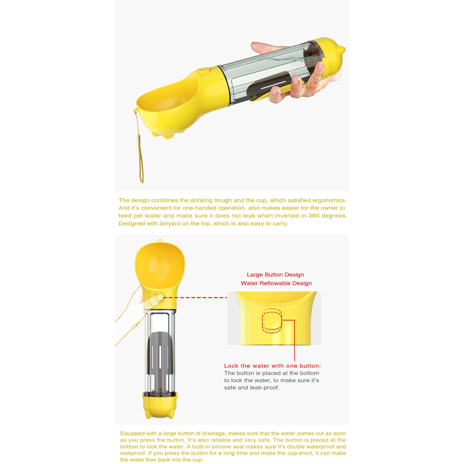 4 in 1 Portable Pet Dog Puppy Cat Drinking Mug Water Feeder Bottle Valve Travel Bottle Yellow