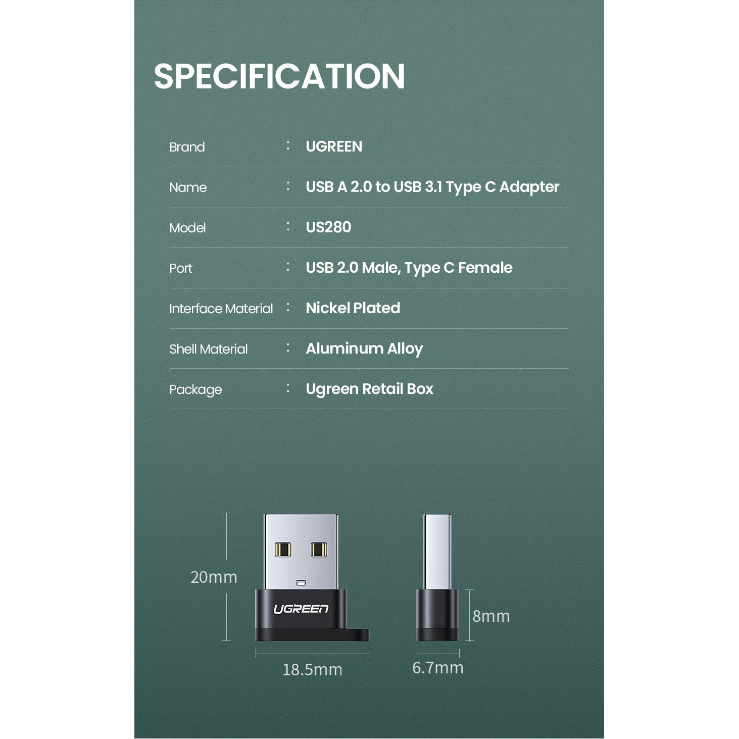 UGREEN 50568 USB-C 3.1 Female to USB-A 2.0 Male Adapter