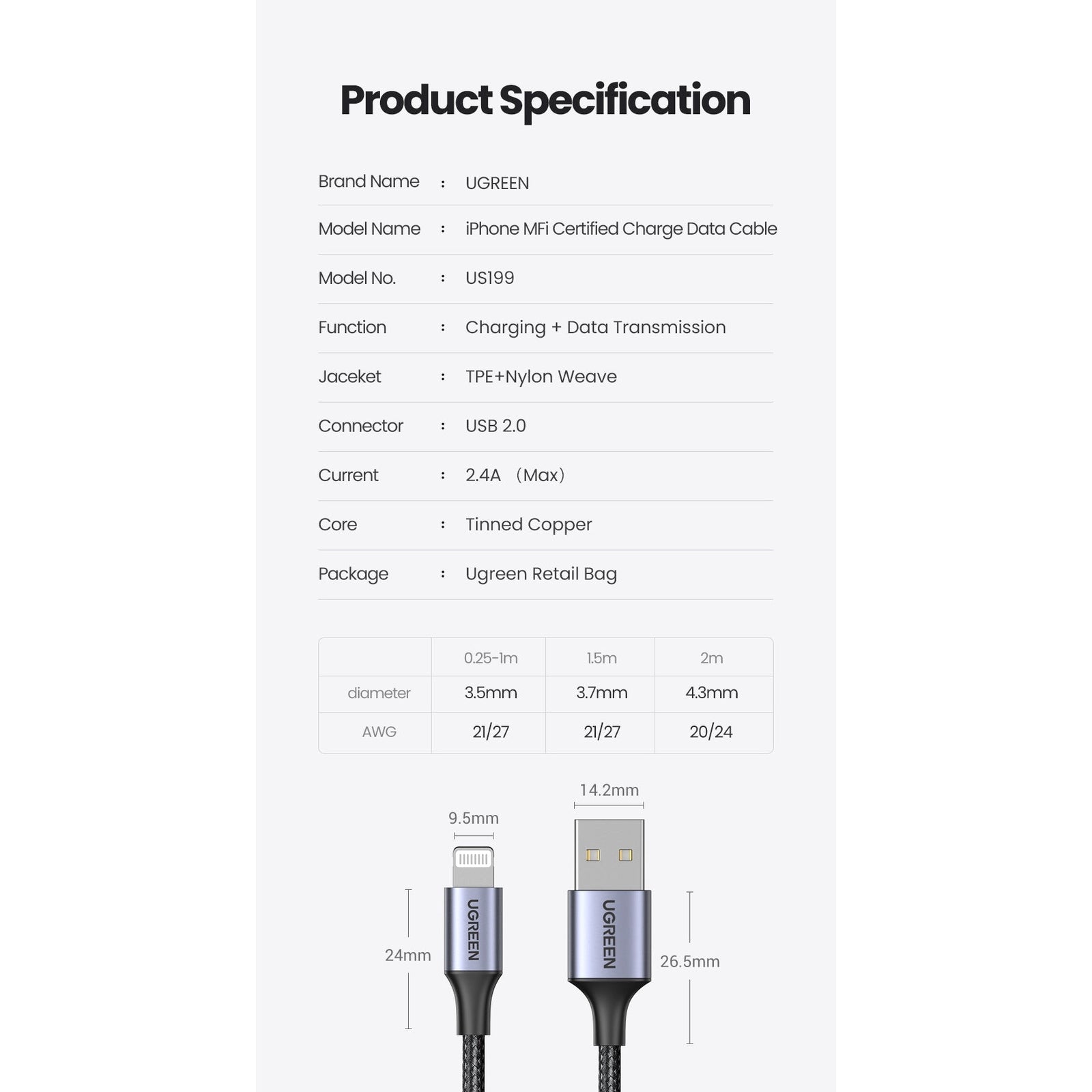 UGREEN 60158 USB-A to 8-pin iPhone Charging Cable 2M Black
