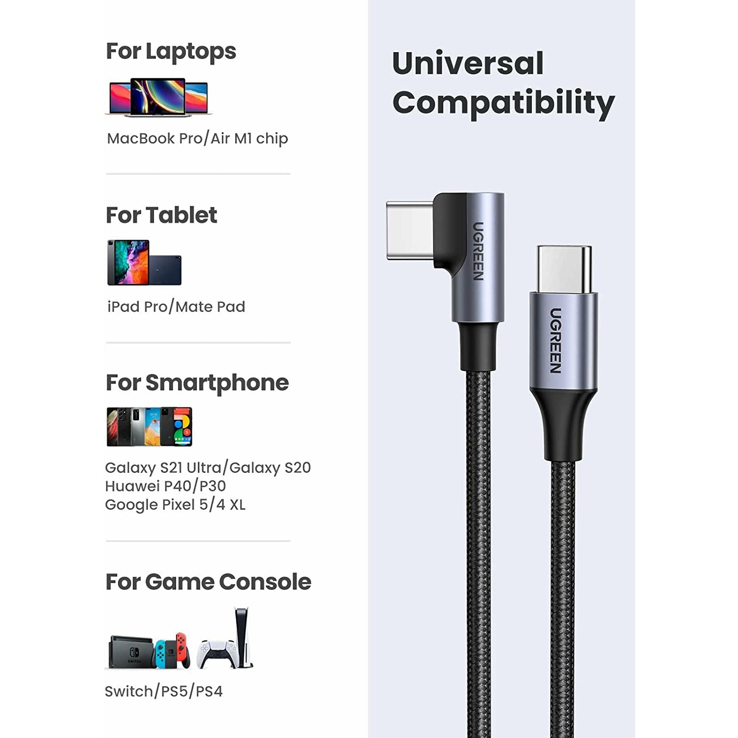 UGREEN 80714 USB-C 2.0 to Angle USB-C Cable Black 3M