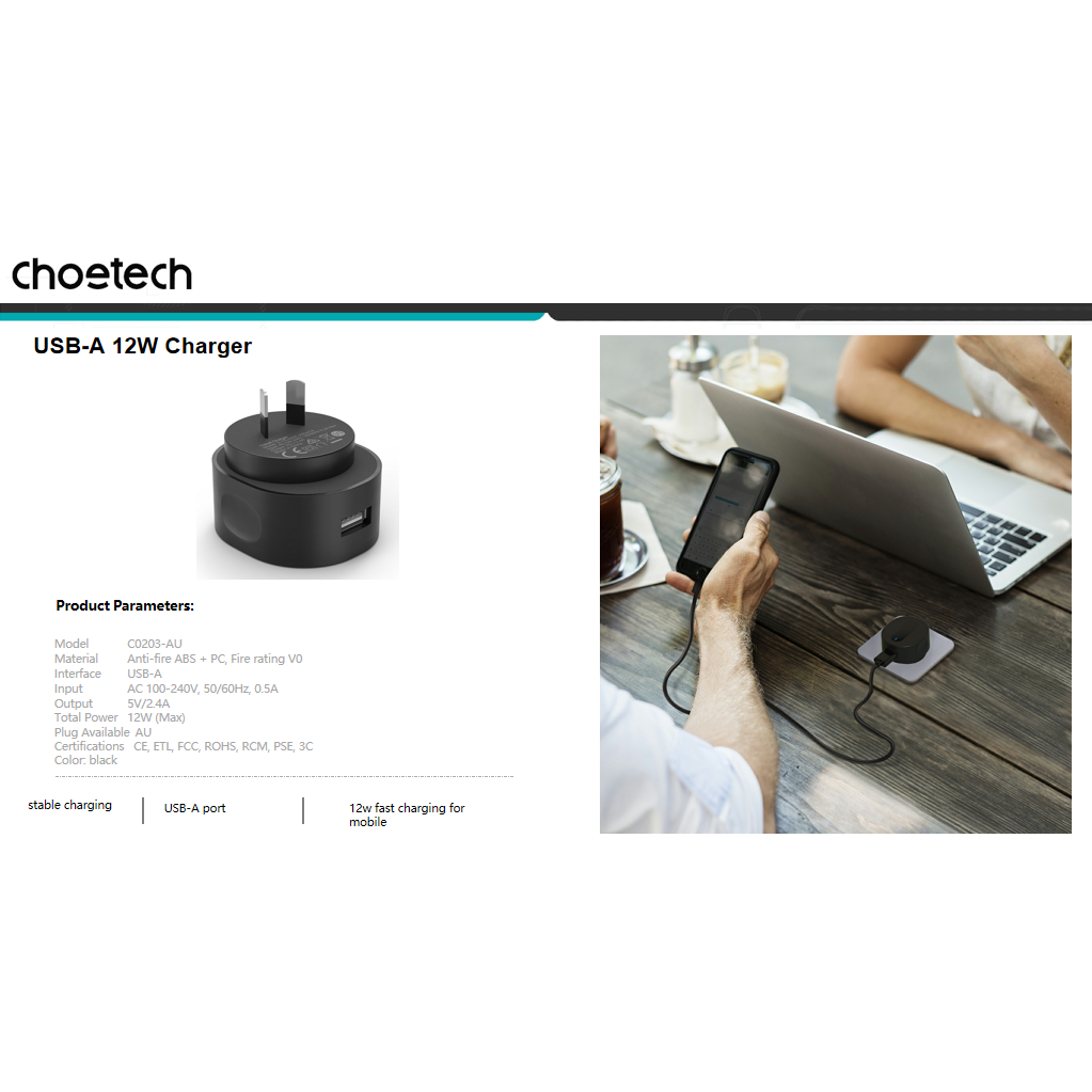 CHOETECH C0203 USB-A AC Adapter (AU standard) 12W