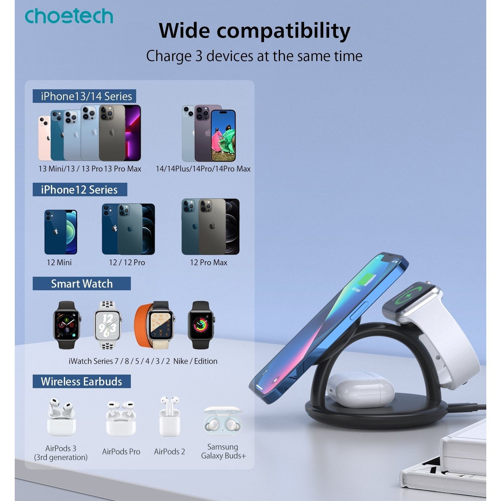 CHOETECH T587-F 3-in-1 Magnetic Wireless Charger Station for iPhone 12/13/14/AirPods Pro/iWatch