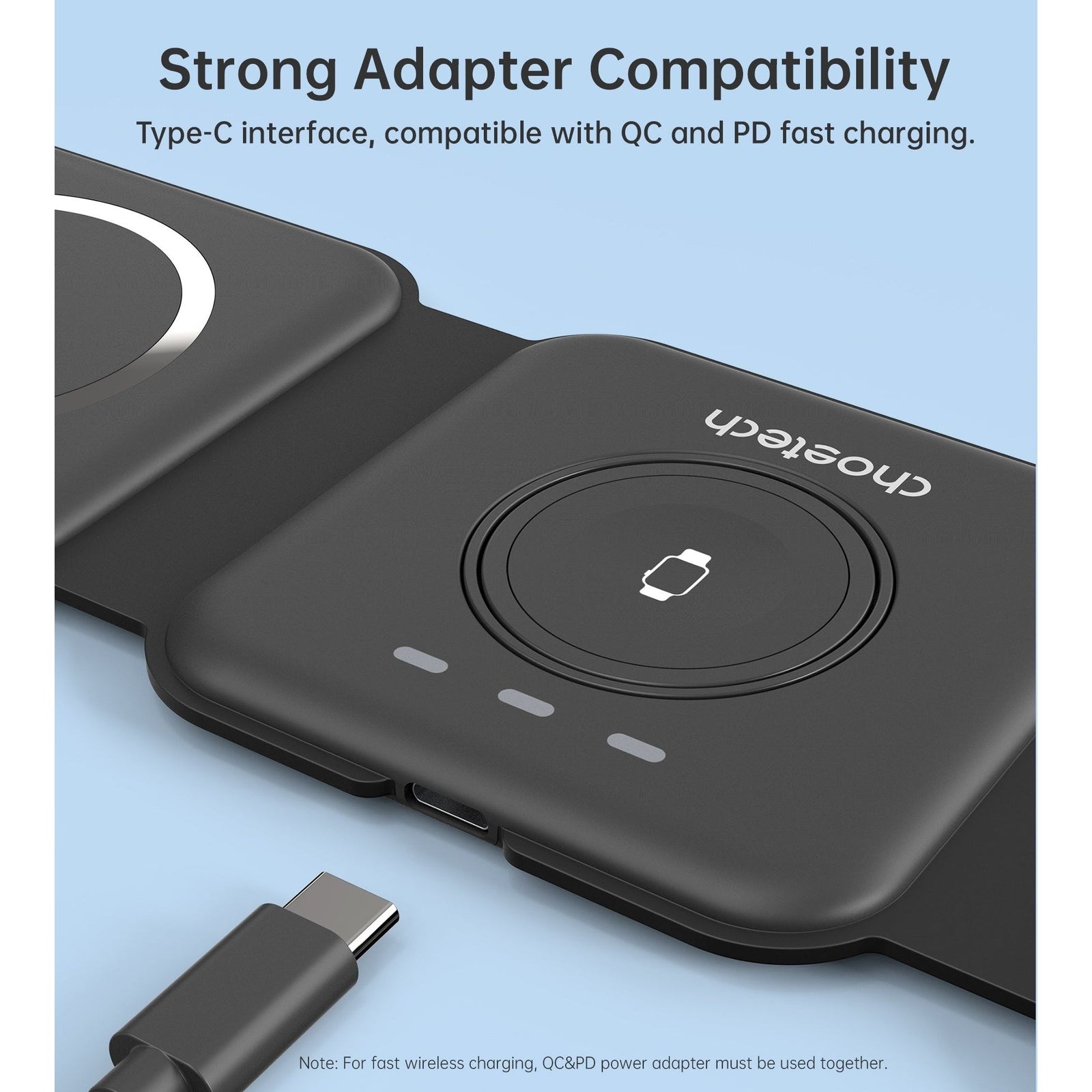 CHOETECH T588-F-BK 3-in-1 Foldable Fast Wireless Charger for Phone/Watch/Earphone