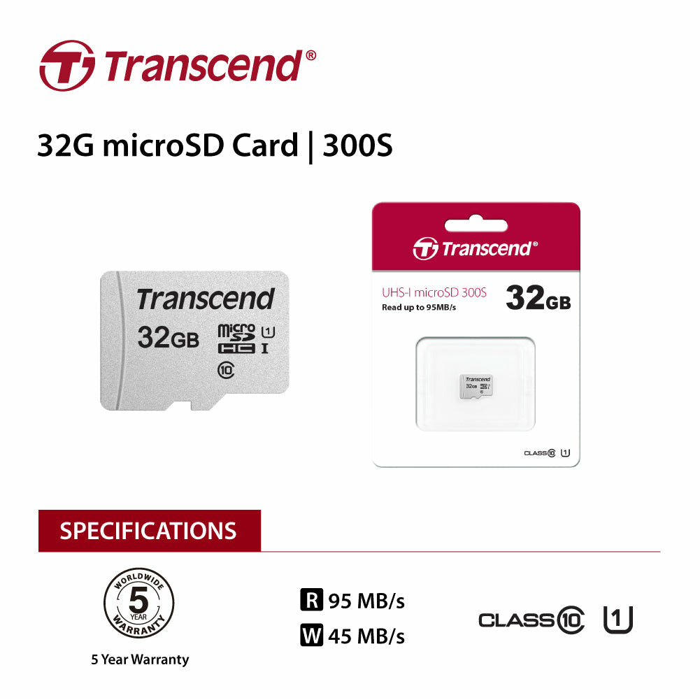 TRANSCEND TS32GUSD300S 32GB UHS-I U1 microSD w/o Adapter  (microSDHC I, C10, U1)