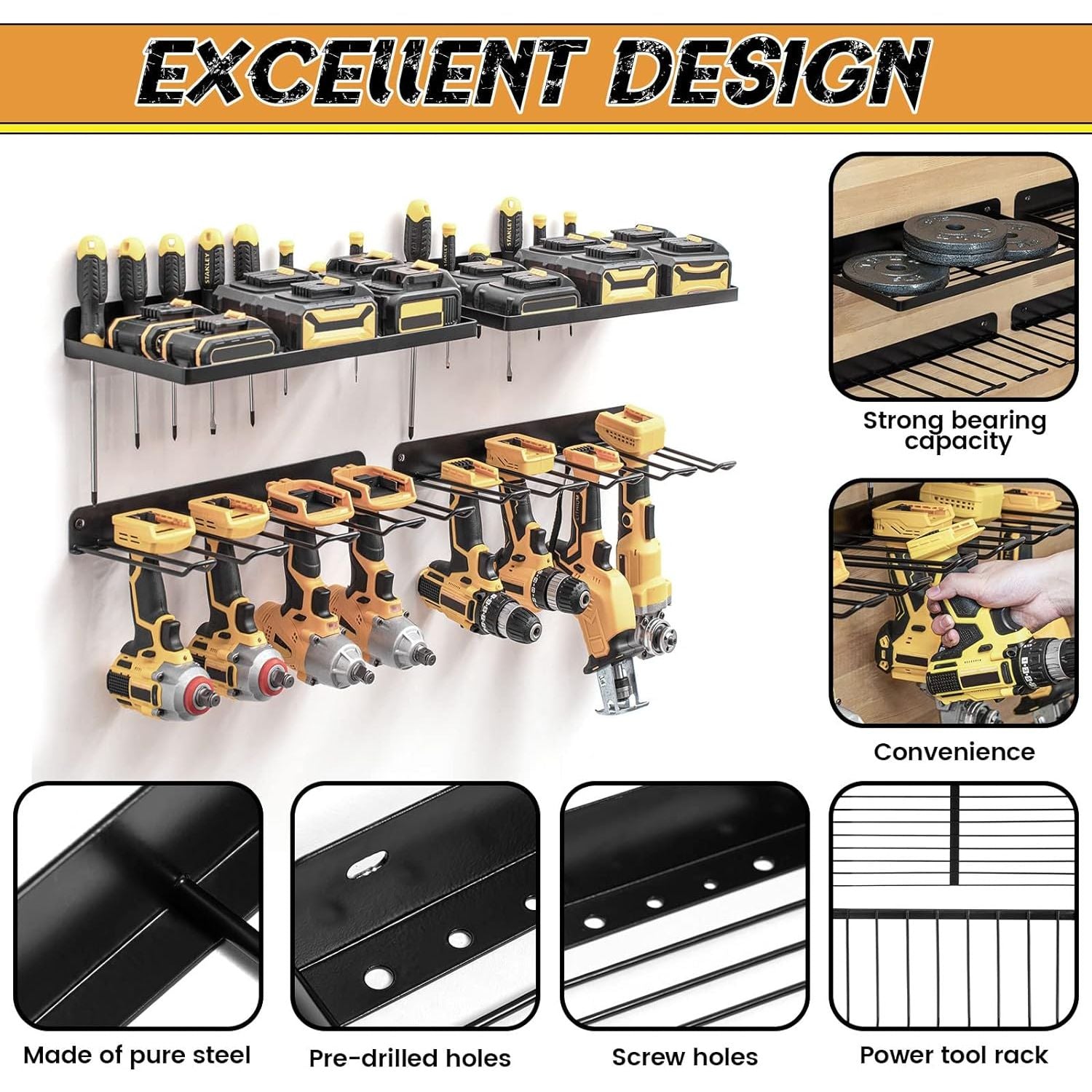 Power Tool Organizer Drill Holder Wall Mount Garage Storage Shelves Rack Wall Storage Organizer Set
