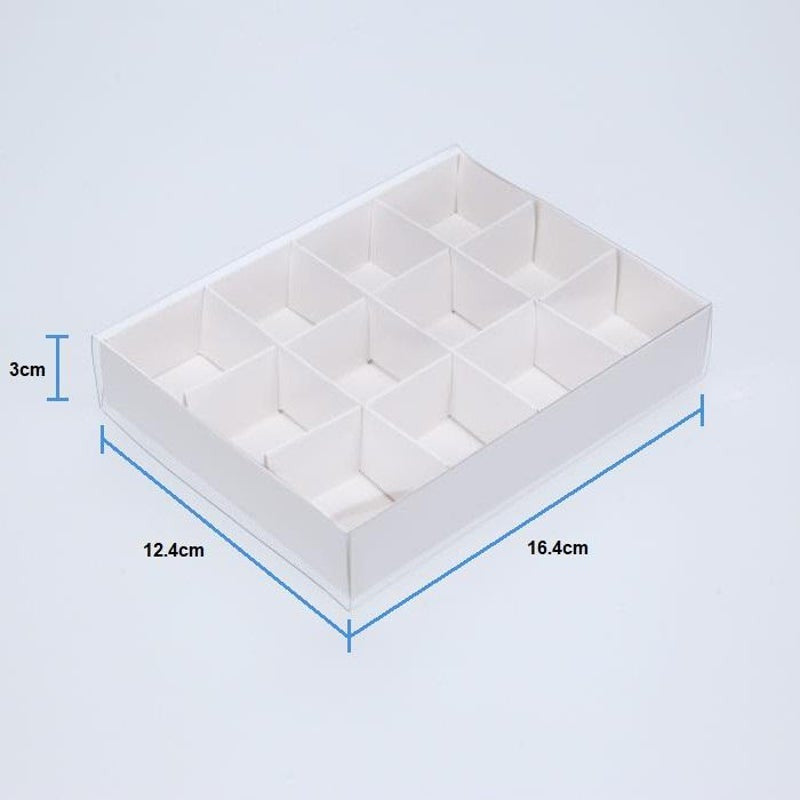 10 Pack of White Card Chocolate Sweet Soap Product Reatail Gift Box - 12 bay 4x4x3cm Compartments - Clear Slide On Lid - 16x12x3cm