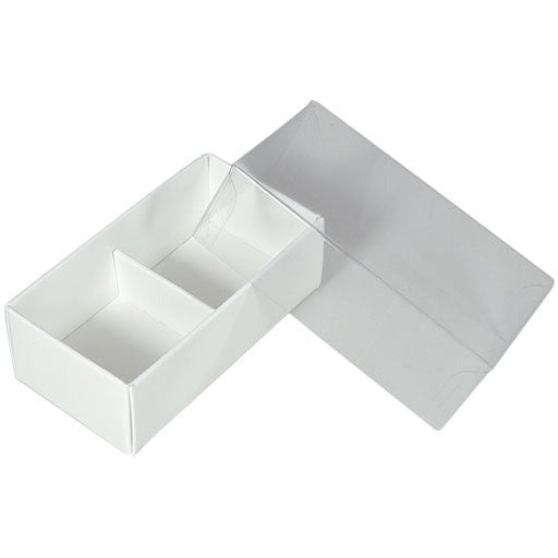 10 Pack of White Card Chocolate Sweet Soap Product Reatail Gift Box - 2 Bay Compartments - Clear Slide On Lid - 8x4x3cm