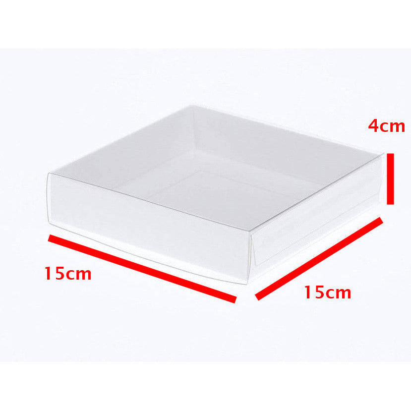 10 Pack of 15cm Square Invitation Coaster Favor Function product Presentation Cookie Biscuit Patisserie Gift Box - 4cm deep - White Card with Clear Slide On PVC Lid